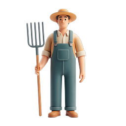 ピッチフォークを持つ親しみやすい農夫の 3D キャラクターアイコン