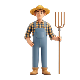 3D Farmer Character with Pitchfork Icon - Rural Agriculture