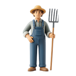 Friendly 3D Farmer Character with Pitchfork Icon
