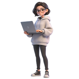 Icona di personaggio sviluppatrice 3D con laptop