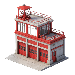 Ícone 3D isométrico de quartel de bombeiros para serviços de emergência