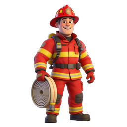 Friendly 3D Firefighter Character Icon with Fire Hose
