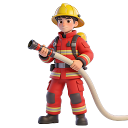 3D Cartoon Firefighter Character with Fire Hose Icon