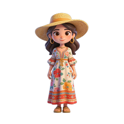 Floral Dress Girl Character - 3D Cartoon Icon