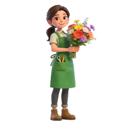 Icona personaggio 3D di ragazza fioraia con bouquet