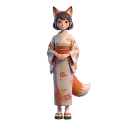 着物姿の狐娘 3Dキャラクターアイコン - かわいい日本アニメスタイル
