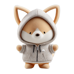 Niedliches Fuchs-Plüschtier-Charakter-Icon in grauem Hoodie 3D