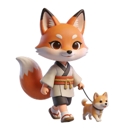 Cute Fox Walking Shiba Inu Dog in Kimono