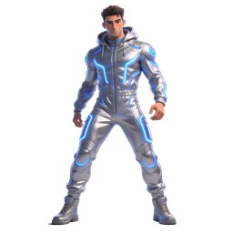Futuristic Neon Warrior 3D Character Icon with Glowing Circuit Suit