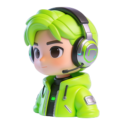 Icona 3D avatar ragazzo gamer con capelli verdi e cuffie LED