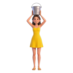 Cheerful Girl Holding Metal Bucket on Head 3D Icon