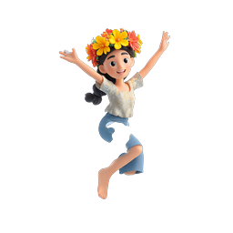 Icono 3D de niña alegre con corona de flores jugando en el agua