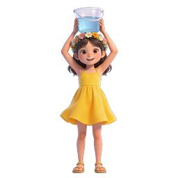 Cheerful Girl with Flower Crown and Blue Bucket