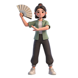 3D Girl With Fan Icon - Cartoon Character Illustration