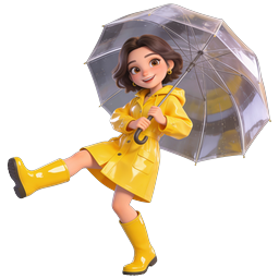 3D Girl with Yellow Raincoat and Transparent Umbrella Icon