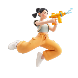 Playful Girl Jumping with Water Gun 3D Icon