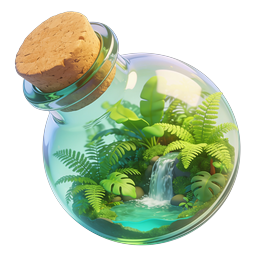 Glass Terrarium Ecosystem with Lush Plants and Waterfall