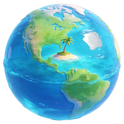 Glossy 3D Earth Globe Icon with Tropical Island