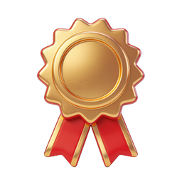 Gold Award Badge Medal Icon with Red Ribbons