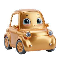 Cute Golden Cartoon Car Character Icon - 3D Rendered