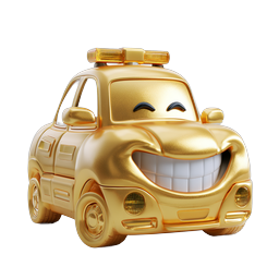 Golden Smiling Car Character Icon - 3D Cartoon Vehicle