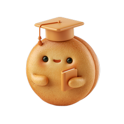 Süßes 3D-Icon eines Brötchen-Charakters in Abschlusskleidung