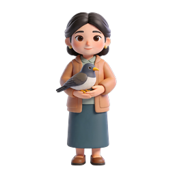 Grandmother Holding Bird 3D Icon - Peaceful Asian Temple Scene