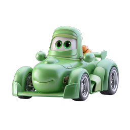 Green Cartoon Race Car Character Icon with Big Eyes