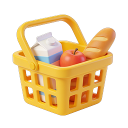 Icône 3D Panier de Courses - Produits Alimentaires Essentiels