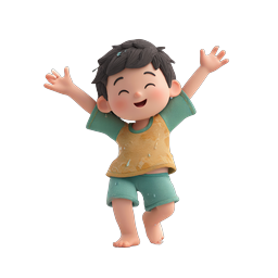 Happy Boy Playing in Rain - 3D Cartoon Character Icon