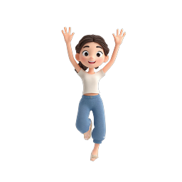 ไอคอน 3D เด็กหญิงกระโดดอย่างร่าเริงพร้อมน้ำกระเซ็น