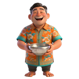 Icône 3D d'homme heureux tenant un bol - personnage joyeux