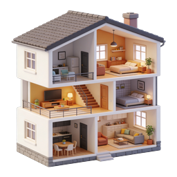 3D House Cross-Section Icon - Interior Layout Design