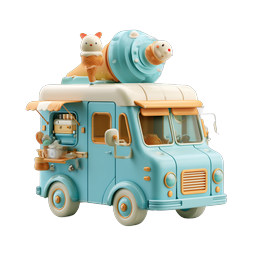 Cute Clay-Style Ice Cream Truck Icon with Kawaii Cat