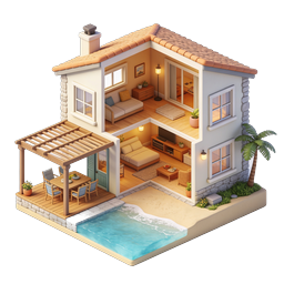 Isometric Beach House 3D Illustration with Cutaway View