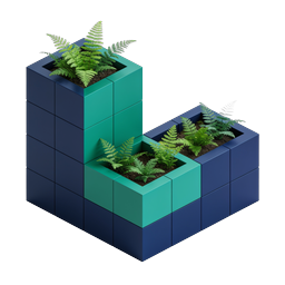 Maceta de bloque isométrica con helechos | Jardín modular 3D