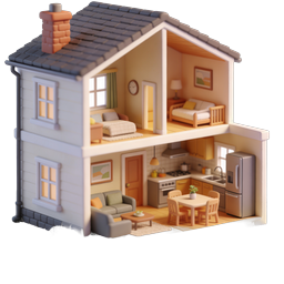 Icona 3D di casa delle bambole isometrica - Sezione trasversale di casa in miniatura