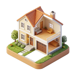 Icono de casa 3D isométrico con vista de sección transversal interior