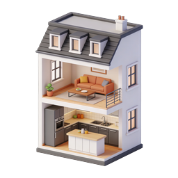 Isometrisches 3D-Haus-Icon mit Innenansicht im Querschnitt