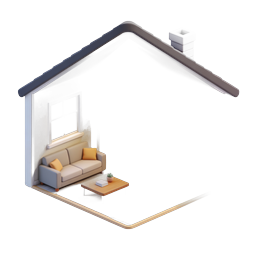 Isometric 3D House Icon with Cozy Interior Cutaway View