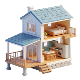 Isometric 3D Dollhouse Icon with Interior Cutaway View