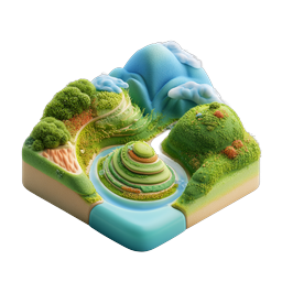 Biểu tượng mô hình thu nhỏ phong cảnh 3D Isometric với núi và sông