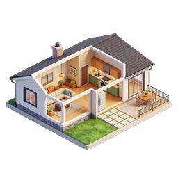 Isometric Modern House 3D Icon with Cutaway Interior View
