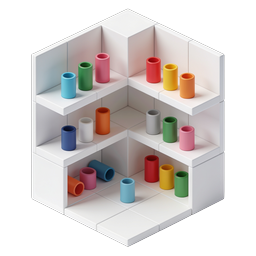 Isometric Shelf Display with Colorful Cylinders Icon