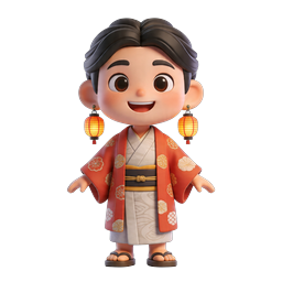 Mignon garçon japonais en kimono – icône de personnage de dessin animé 3D