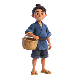 Japanese Boy with Basket - Traditional 3D Character Icon