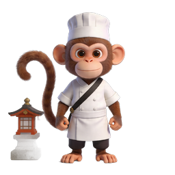 Japanese Chef Monkey 3D Character Icon with Torii Gate