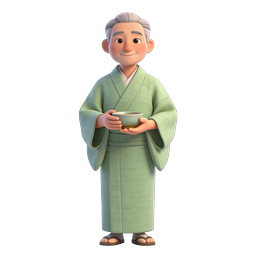 Japanese Elderly Man in Kimono Holding Tea Bowl 3D Icon