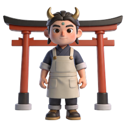 Biểu tượng 3D nhân vật đầu bếp Oni Nhật Bản với cổng Torii