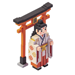 Icône Voxel de Miko Japonaise avec Portail Torii